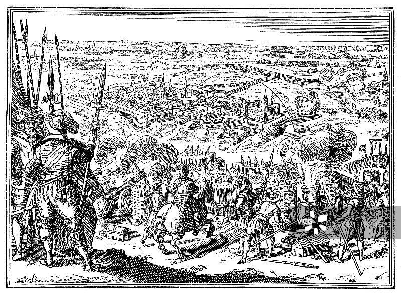 1610年7月29日至9月2日，在欧洲德国木刻的Juelich- klevischen继承罢工和八十年战争期间，法国和联合各省军队包围Juelich图片素材
