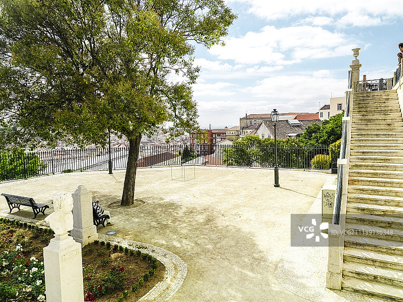 后板显示一个观点俯瞰城市在里斯本，葡萄牙图片素材