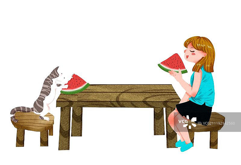 小清新女孩和猫吃西瓜图片素材