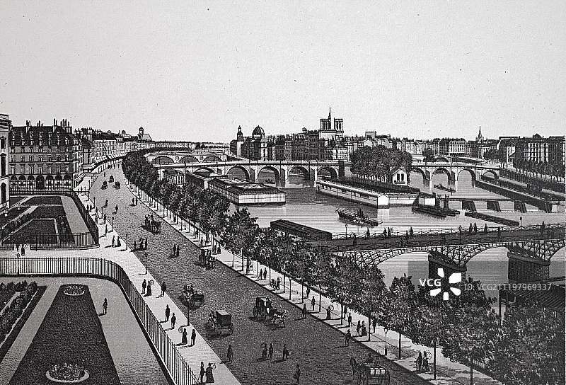 塞纳艺术桥，历史悠久的铜版蚀刻，1890年左右，尼尔，巴黎，法国，欧洲图片素材