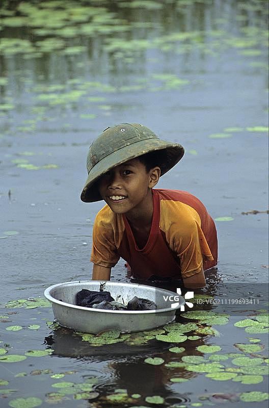 小男孩收集淡水蜗牛，当地居民开发的湿地，越南，龙自然保护区，东南亚图片素材