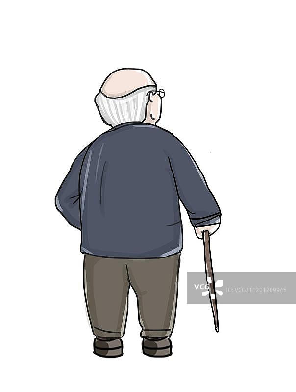 手绘冬天拄着拐杖戴眼镜的老头背影卡通形象插画图片素材