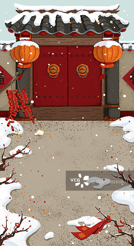 春节灯笼红梅门飘带积雪过年背景图片素材