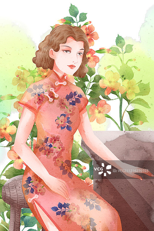水彩风格民国旗袍女性系列插画图片素材