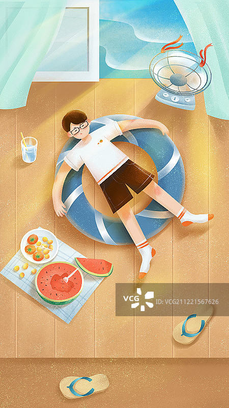 炎热的夏季在海滩边的室内躺着地板上吃西瓜图片素材