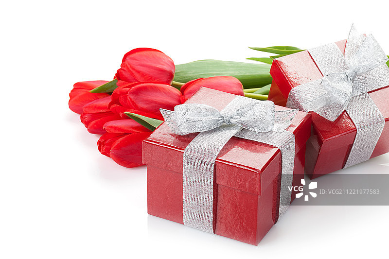 新鲜的红色郁金香与礼盒图片素材