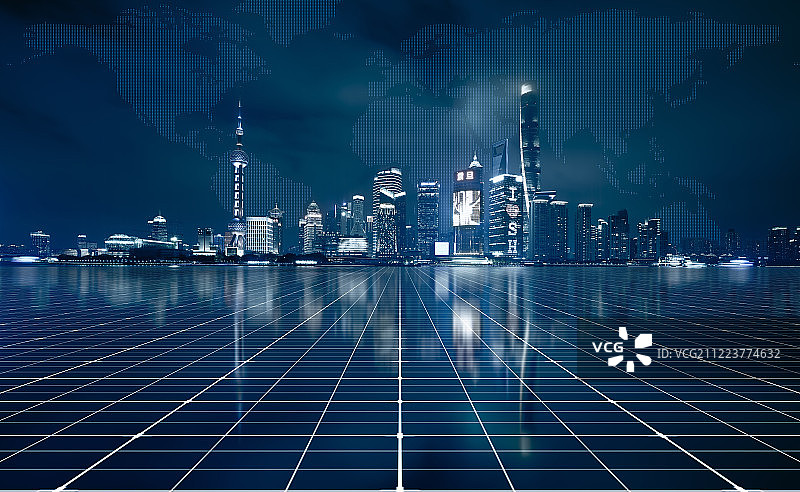 全球化概念的上海陆家嘴夜景和科技感地面图片素材