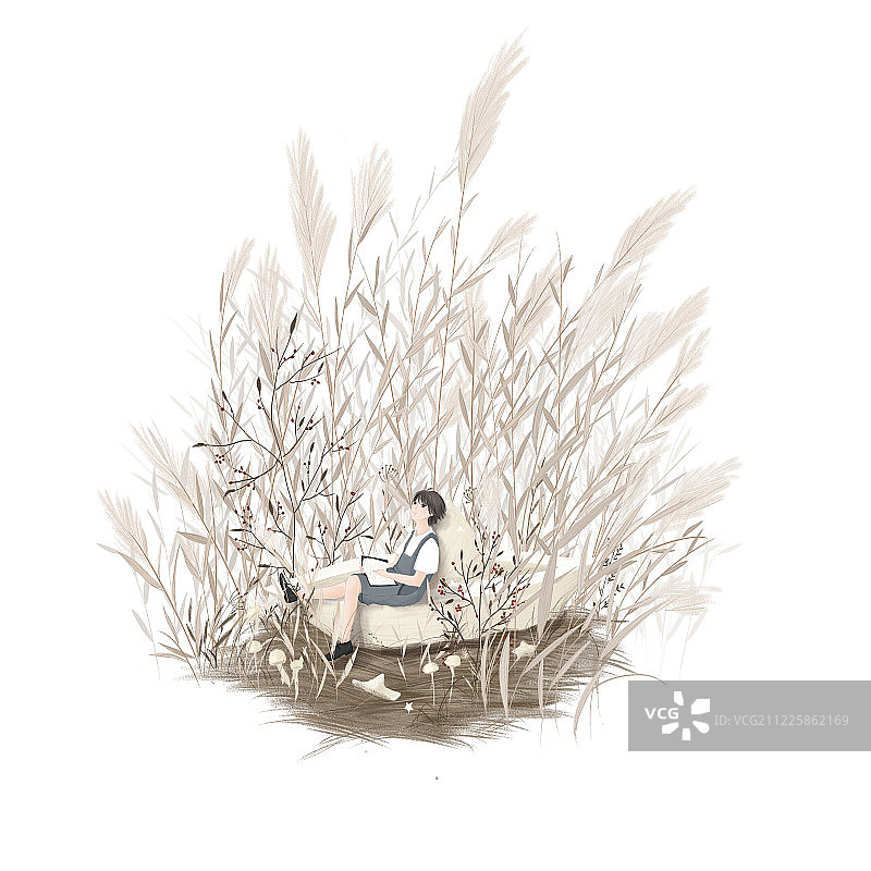 秋天芦苇丛中坐在白色船上看书的少年少女幻想手绘插画图片素材