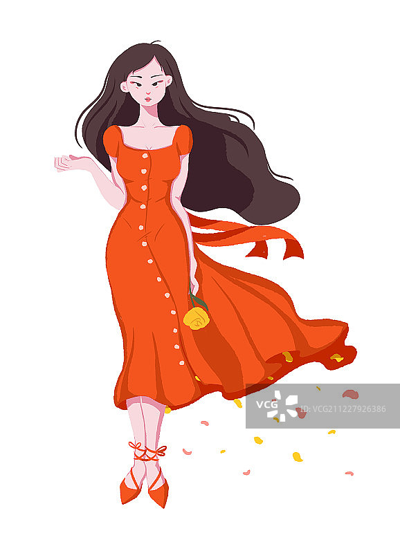 扁平风格人物时尚插画 穿红色长裙的女孩图片素材