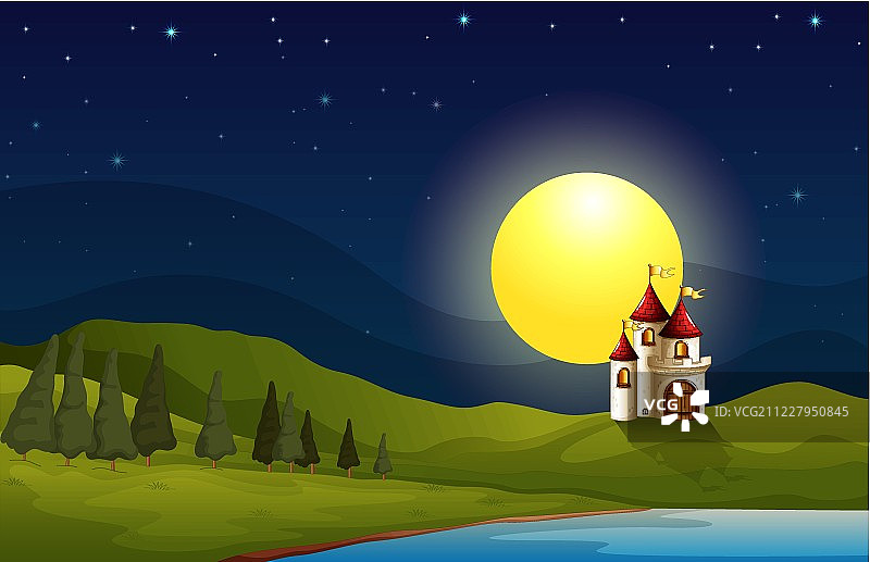 月光下山上的城堡图片素材