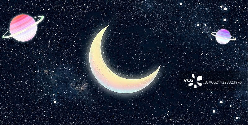 夜晚星空下，一轮月亮悬浮在神秘广阔的宇宙中发出光彩超现实插画图片素材