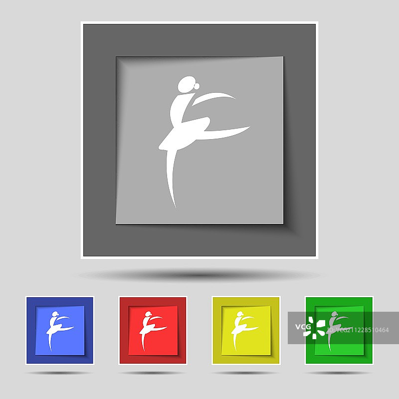 跳芭蕾舞的女孩，芭蕾舞者标志上原来的五种颜色的按钮。向量图片素材