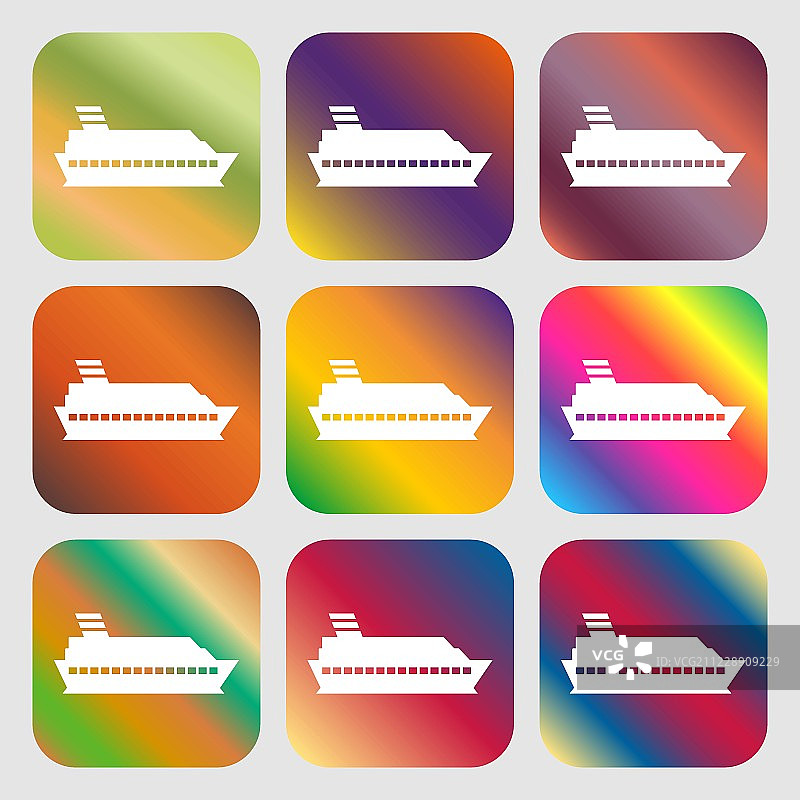 邮轮海船图标标志。9个带有明亮渐变的按钮，设计美观。向量图片素材