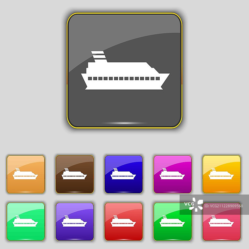 邮轮海船图标标志。为你的网站设置11个颜色的按钮。向量图片素材