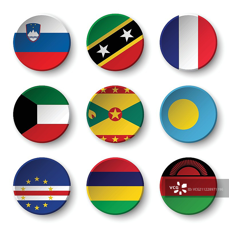 世界旗帜周围的徽章(斯洛文尼亚。圣基茨和尼维斯。法国。科威特。格林纳达。帕劳。佛得角。毛里求斯。马拉维)图片素材