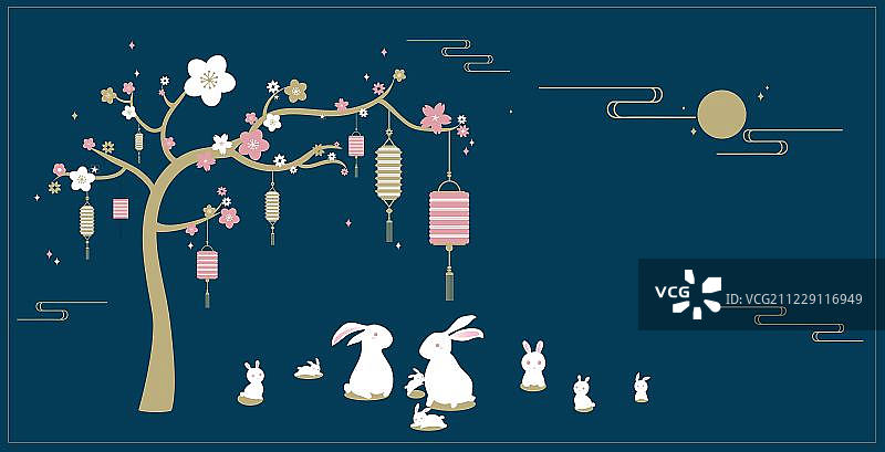 花朵的树上挂满了灯笼 树下多只兔子在玩耍包装插画图片素材