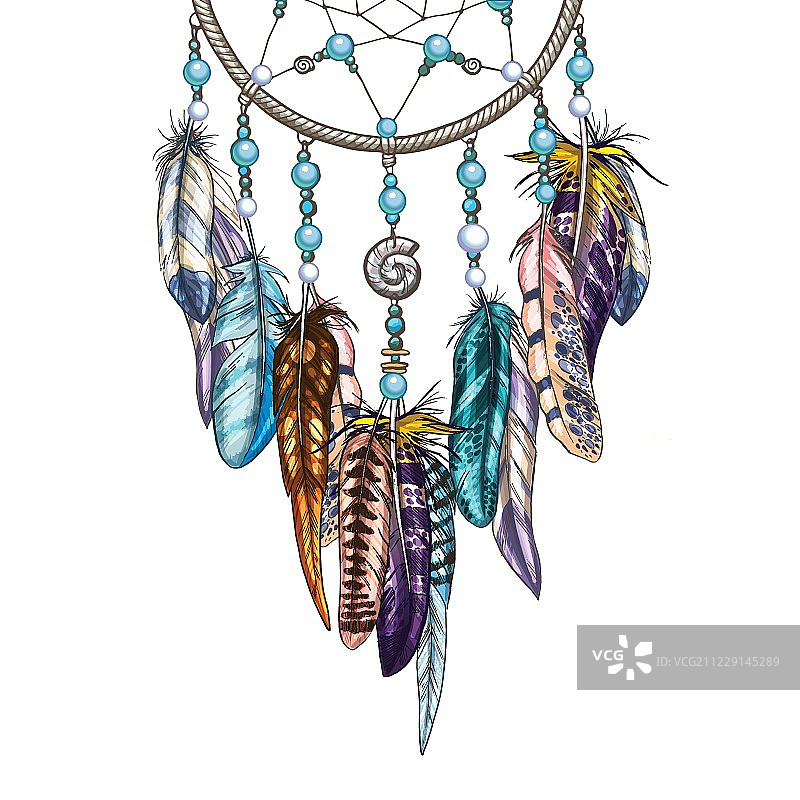 手绘华丽的捕梦网，有羽毛，宝石。占星术，灵性，魔法符号。少数民族部落元素。图片素材