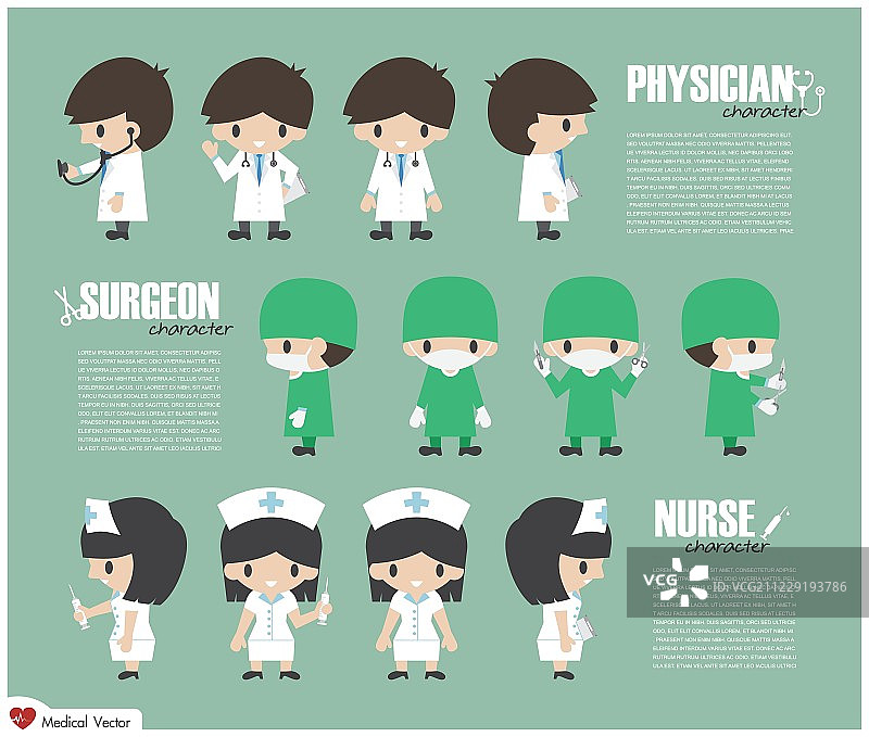 医生，外科医生和护士卡通人物。向量图片素材