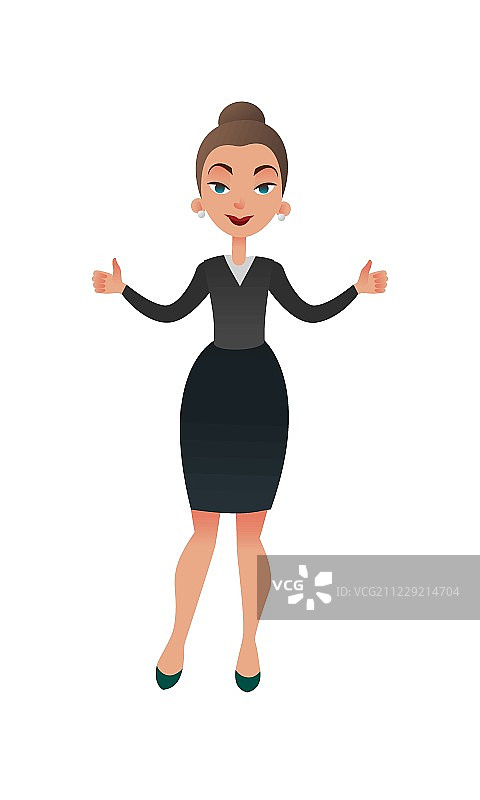 卡通扁平商务女士竖起大拇指。自信的女商人专注于成功。兴高采烈的经理竖起大拇指图片素材