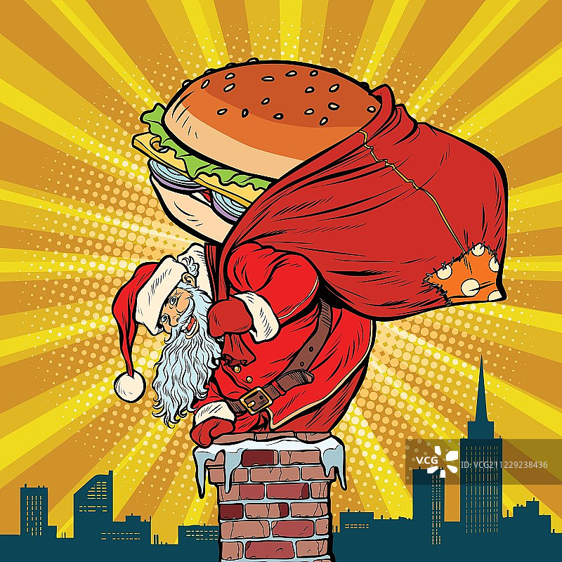 带着汉堡的圣诞老人爬进了烟囱。食品外卖图片素材