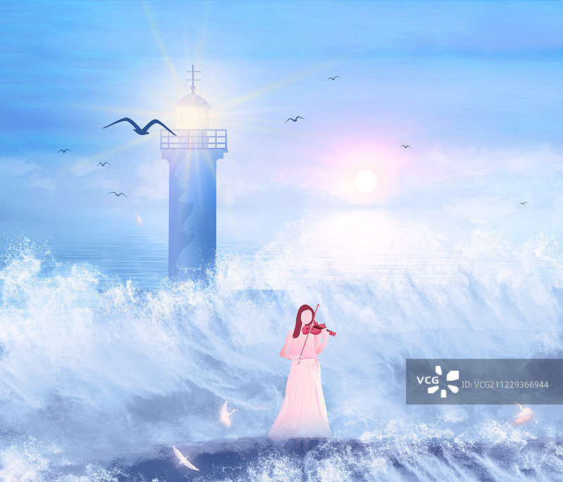 傍晚美丽少女站在海岸拉小提琴，灯塔照耀远方为船只指引方向插画图片素材