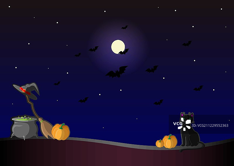 helloween快乐。矢量插图与女巫帽，南瓜，药水锅，黑猫，月亮，和扫帚图片素材