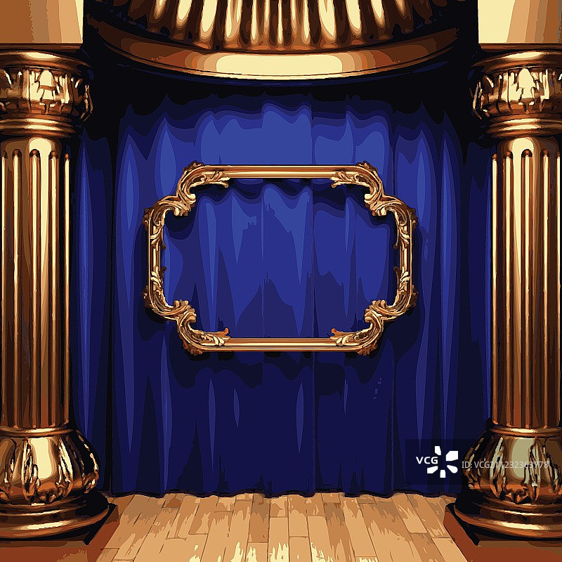 向量金色框架和蓝色幕舞台图片素材