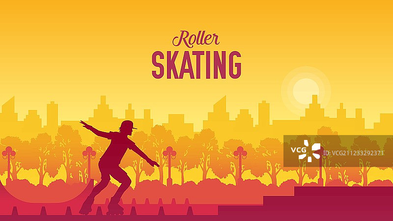 滚轴溜冰在城市公园矢量插图。运动生活设计理念。鞋带设置在黑色滚轮上图片素材
