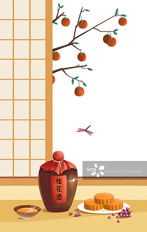 中秋节插画窗口的月饼和柿子图片素材