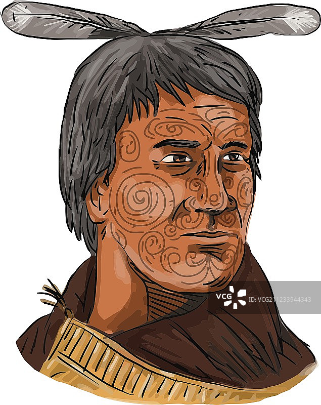 毛利酋长战士半身水彩画图片素材