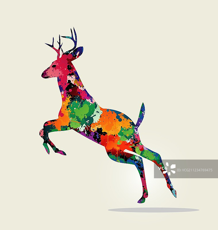跳跃的鹿与彩色的油漆纹理图片素材