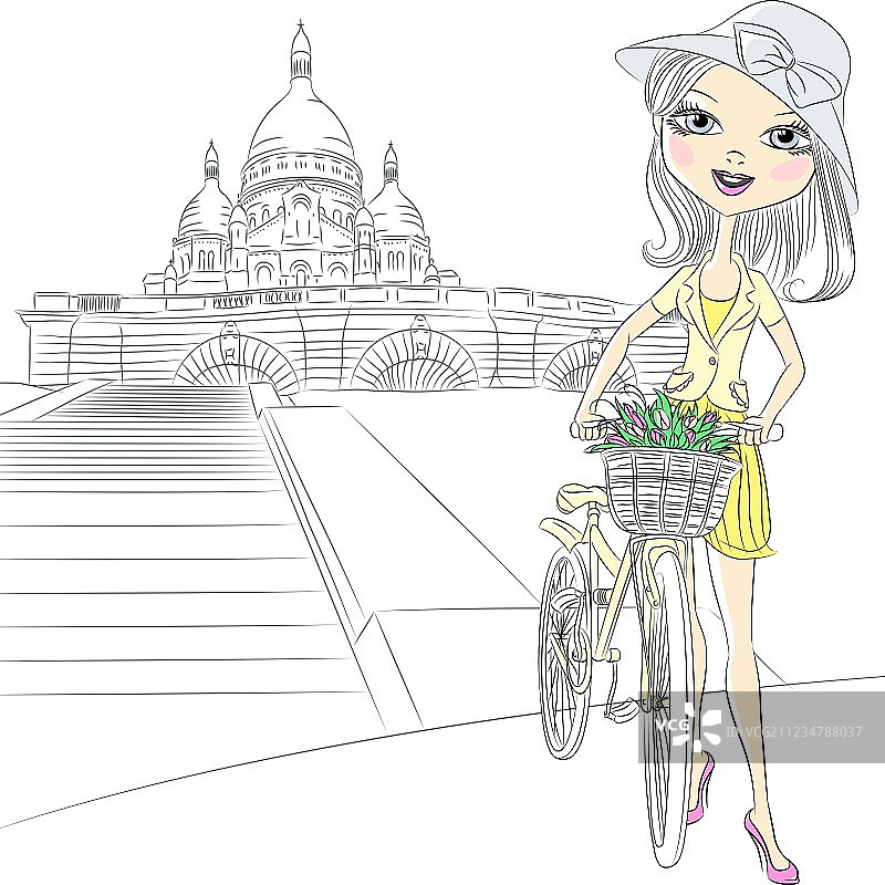在巴黎有自行车的女孩图片素材