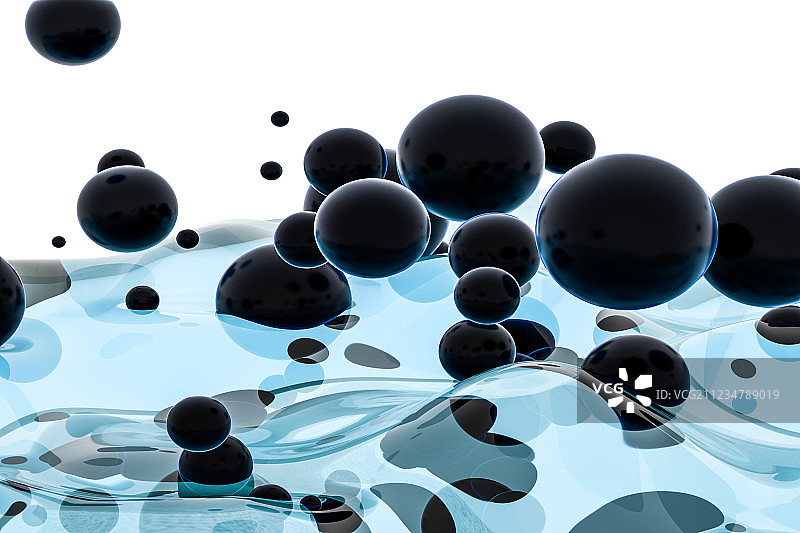 淡蓝色水中冒出的黑色球体，三维渲染图片素材
