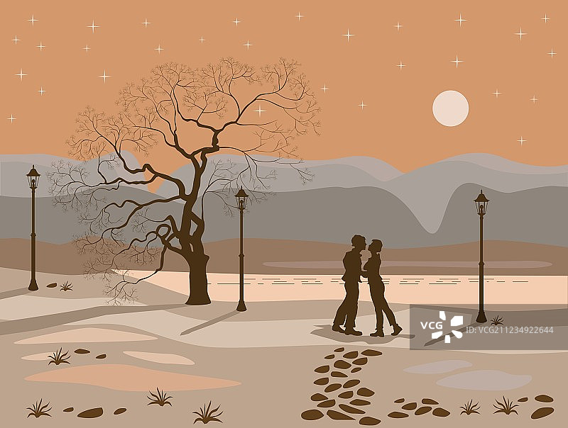 晚上在公园里接吻的情侣图片素材
