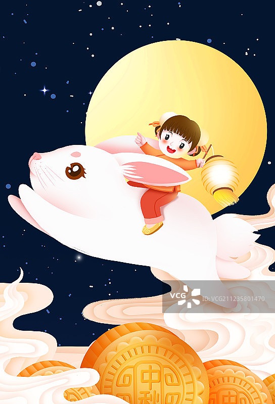 中秋节骑着玉兔的女孩插画图片素材