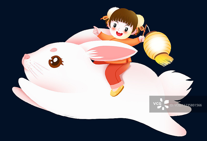 卡通骑着玉兔的女孩插画图片素材