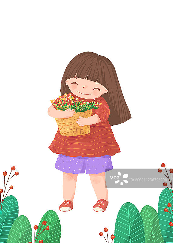 怀抱鲜花的女孩插画2图片素材