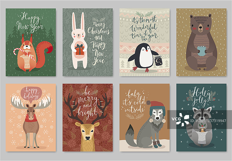 圣诞动物卡片集手绘风格图片素材