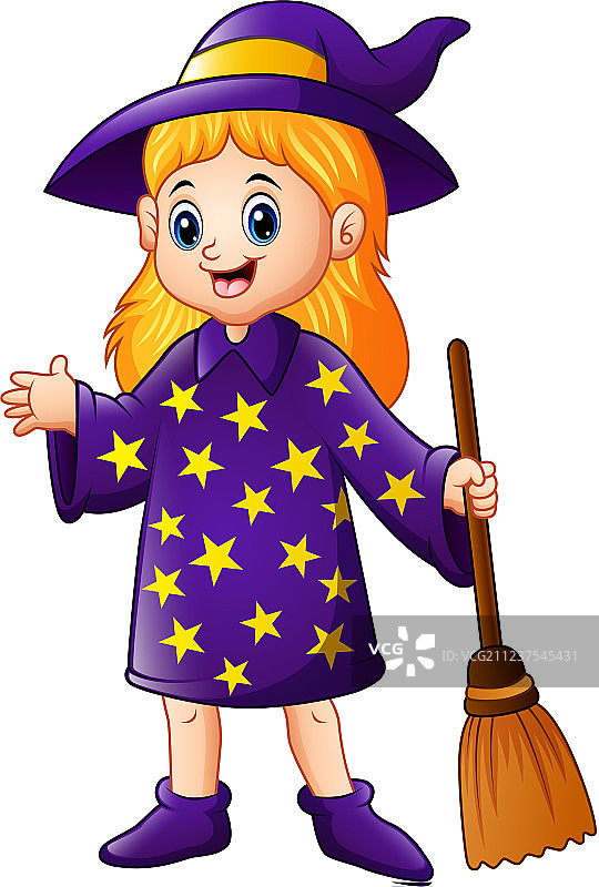 卡通小女巫拿着扫帚图片素材