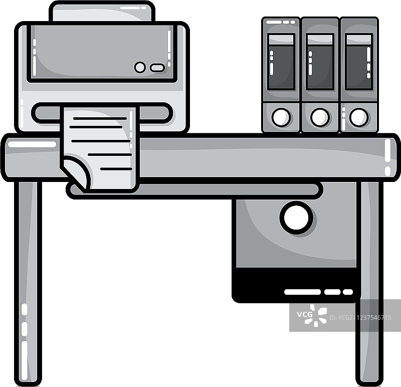 灰色办公木桌，配有打印机和书籍图片素材