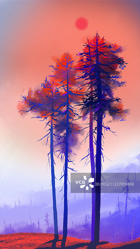 秋天夕阳下有蓝色渐变松树的水彩插画图片素材