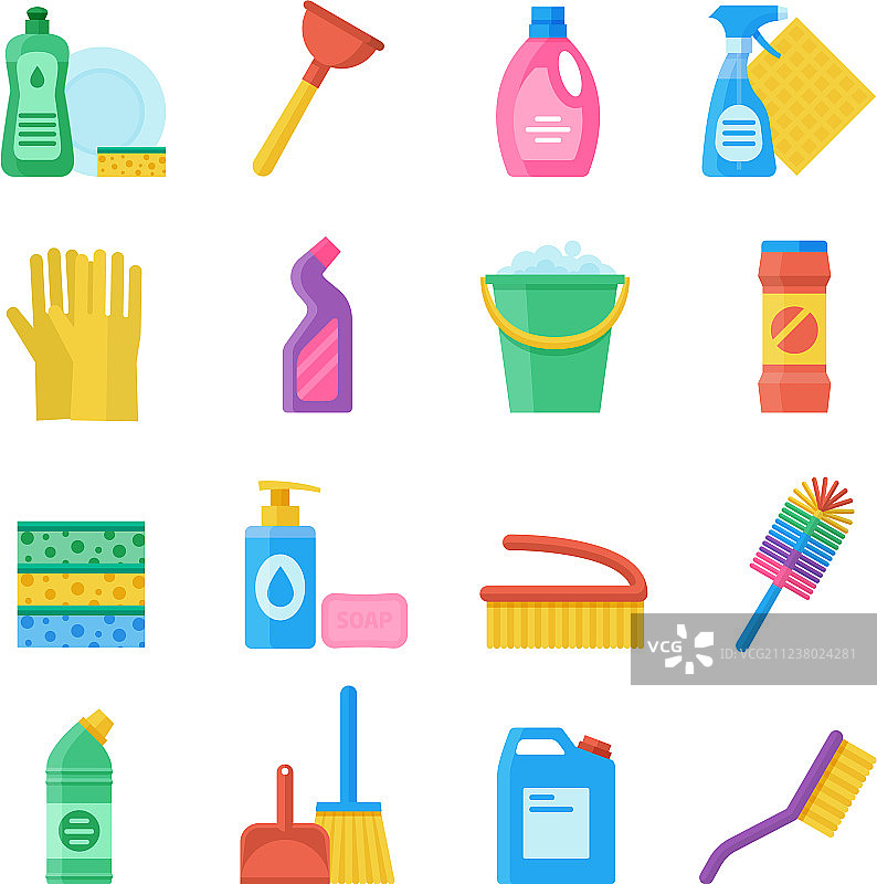 家居工具清洁和洗涤图标集图片素材