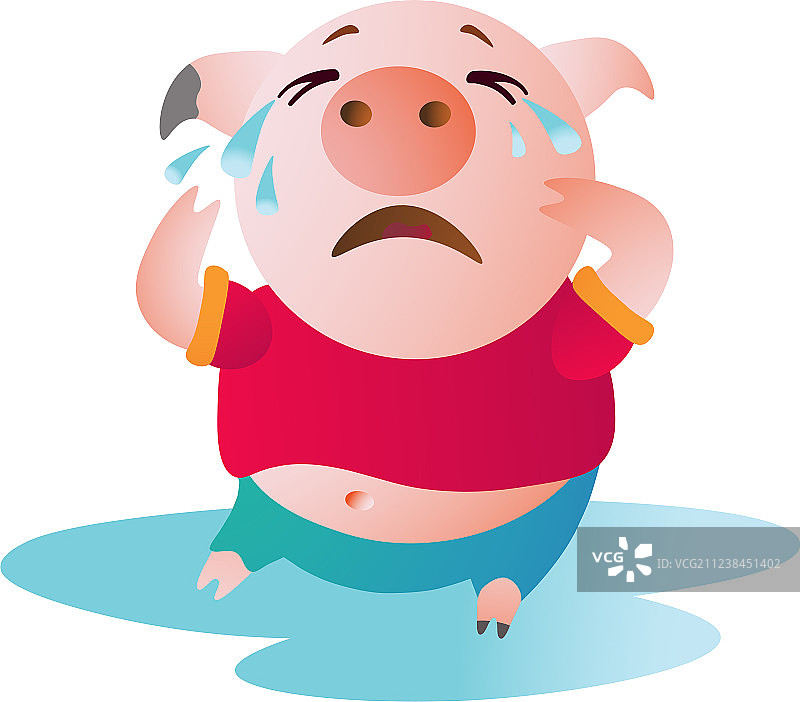 卡通猪坐在一池眼泪和哭泣图片素材