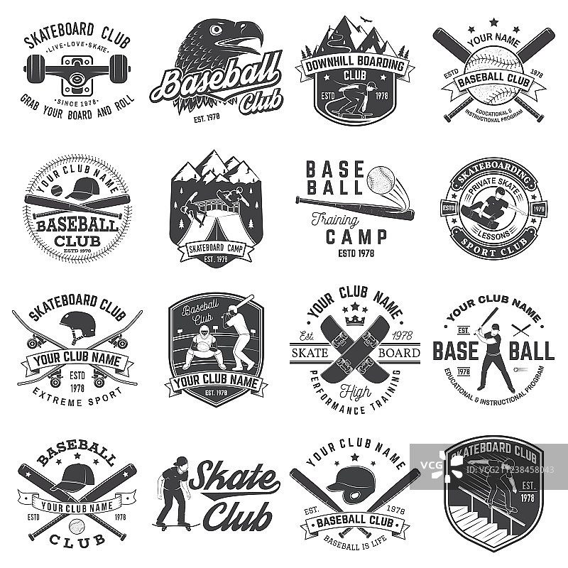 一套棒球和滑板俱乐部徽章图片素材