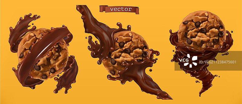 饼干和巧克力溅3d逼真图片素材