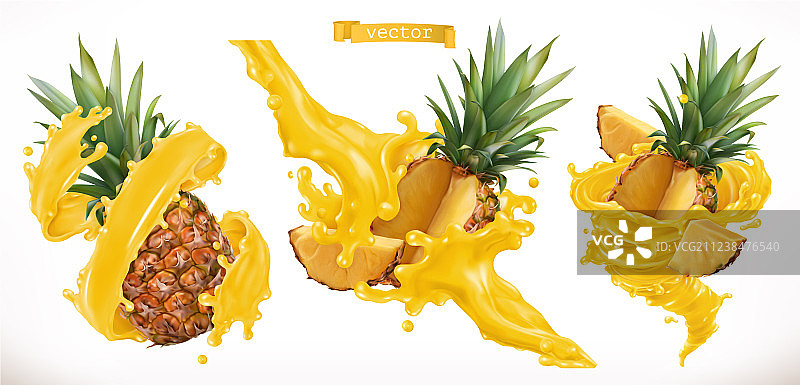 菠萝汁新鲜水果3d逼真的图标图片素材