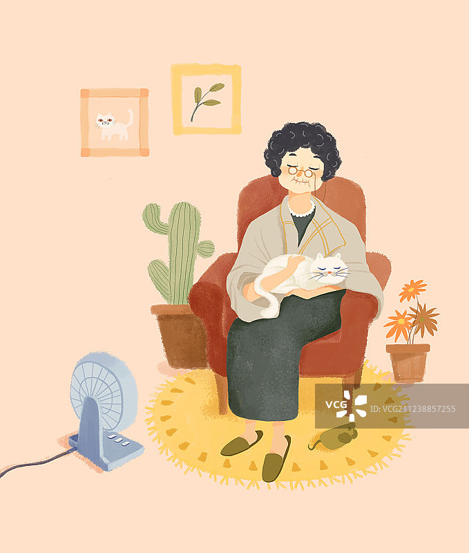 坐在沙发上抱着猫睡着的老奶奶——重阳节插画图片素材