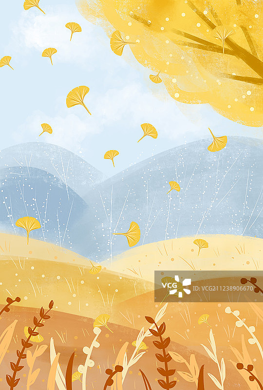 手绘插画 秋天很多银杏叶落下图片素材