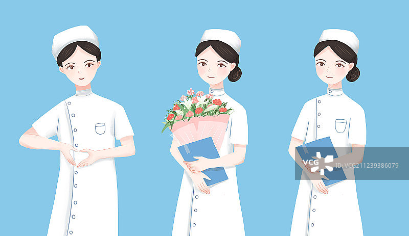 纯色背景上的三位护士医疗元素插画图片素材