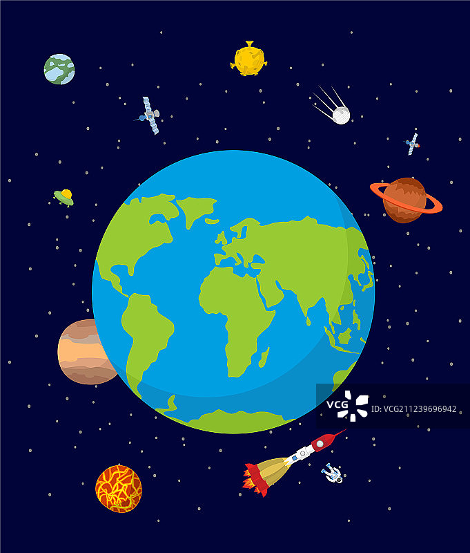 行星地球在太空火箭和不明飞行物恒星和图片素材